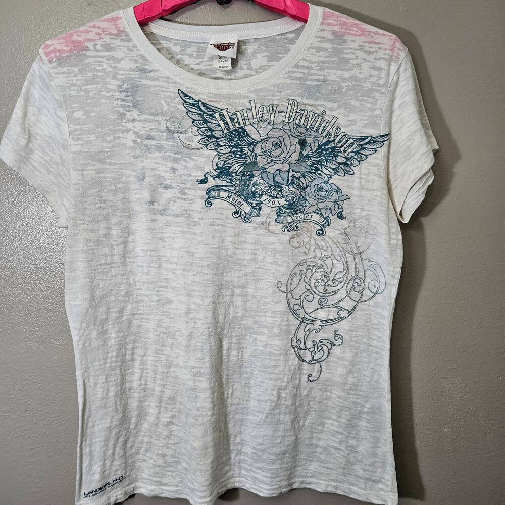 Harley Davidson Women's 2X-Large White Burnout Graphic T-Shirt Y2K VintageVibes